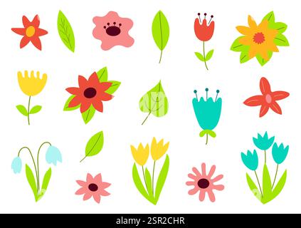 Sammlung von Blumen und Blättern im Zeichentrickstil Stock Vektor