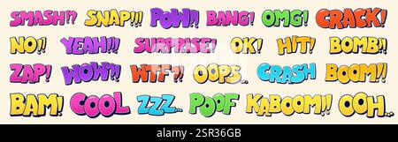 Gruppe von Sprechblasen Texte Smash Snap Pow Bang OMG Crack No Yeah Surprise OK Hit Bomb Zap Wow WTF Oops Crash Boom BAM Cool ZZZZ Poof Kaboom Oh. Farbige Illustrationen mit Halbtonelementen. Stock Vektor