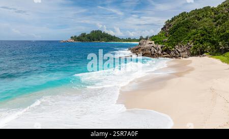 Pulsierende türkisfarbene Wellen, die an einem Sandstrand mit dichtem Grün zusammenbrechen. Seychellen, Mahe. Anse Boileau. Stockfoto