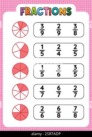 Darstellung von Fraktionen mit visuellen Tortendiagrammen Stock Vektor
