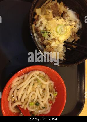 Japanische Küche auf einem schwarzen Tablett. Eine Schüssel Reis mit Rindfleisch, Ei, Käse und Gemüse. Eine Schüssel Udon-Nudeln in Brühe mit Gemüse. Japan Stockfoto