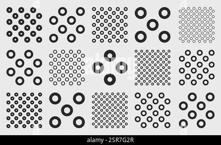 Set aus minimalistischen, nahtlosen Schwarzweiß-Vektormustern mit Kreisen und Ringen in verschiedenen Rasteranordnungen. Perfekt für Hintergründe und Textilien Stock Vektor
