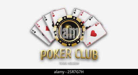 Poker Club. Realistisches Spielen von Token Chips Clubs und Spielen von Ass-Karten aller Anzüge. Spielmünze mit Anzug-Clubs. Banner für Web-App oder Website. Vektor Stock Vektor