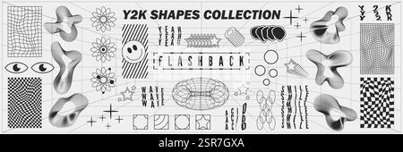 Abstrakte Geometrie Drahtmodellformen und -Muster, Cyberpunk-Elemente, Zeichen und Perspektivenraster. Surreale geometrische Retro-Zeichen. Rave psychedelische Futu Stock Vektor