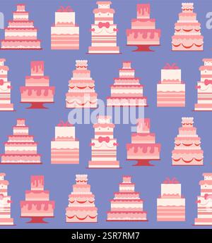Nahtloses Vektor-Muster mit festlichen Kuchen in weichen rosa Farben auf violettem Hintergrund. Textur mit Hochzeitstorte in Pastellfarben. Süßes Vergnügen Stock Vektor