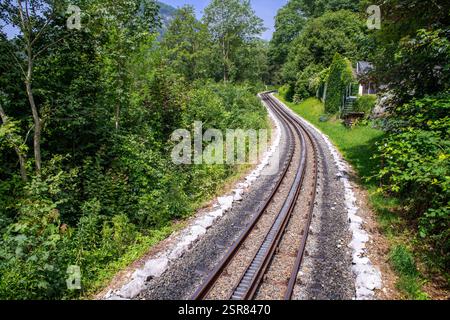 Zahnradbahn in der Nähe des Bahnhofs Jenbach, Tirol, Österreich. Achenseebahn – von Jenbach ins Tiroler Meer seit 1889 ist die Dampfzahnbahn Achensee Biene Stockfoto