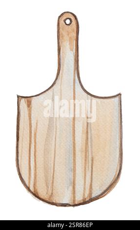 Illustration des Schneidebretts mit Aquarell. Handbemalte kirchen-Holzplatte. Küchenutensilien zum Anstreichen. Design des Kochkonzepts. Stockfoto