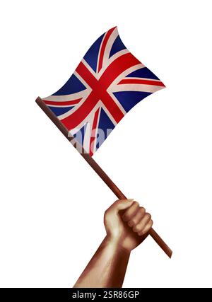 Hand schwenkt die britische Flagge. Nationalflagge des Vereinigten Königreichs mit Vintage-Effekt Stockfoto
