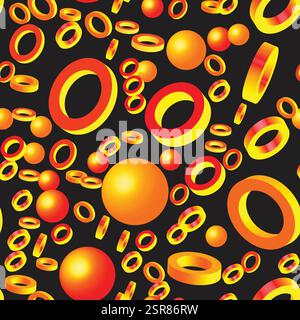 Abstrakte goldene Ringe und Bälle nahtlose Muster, 3D-Darstellung auf schwarzem Hintergrund Stock Vektor