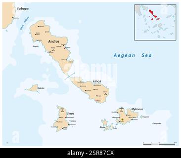 Karte der griechischen Kykladen Andros, Tinos Syros und Mykonos Stockfoto