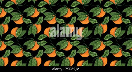Nahtloses Zitrusmuster, orange auf Zweigen mit Blättern. Hintergrund mit Mandarinenfrüchten. Vector Tropical-Gewebe, Textildesign mit Mandarine Stock Vektor