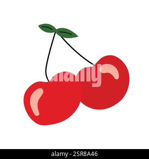 Rote Kirschen isolierte flache Illustration im einfachen Stil. Frisches, saftiges Konzept. Stock Vektor