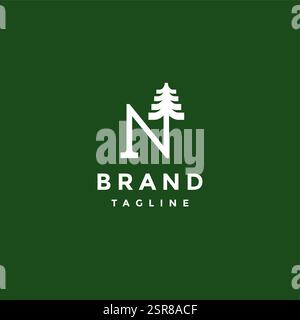Design mit dem ersten Buchstaben N im Kiefernbaum. Einfacher Kiefernbaum, der am Ende des Logodesigns mit dem Buchstaben N wächst. Stock Vektor