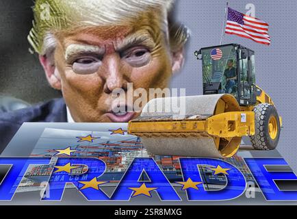 Symbolisches Image, EU, Deutschland und Weltwirtschaft unter der US-Dampfwalze Donald Trump, Zolldrohungen, Elon Musk, Mark Zuckerberg, soziale Netzwerke, fa Stockfoto