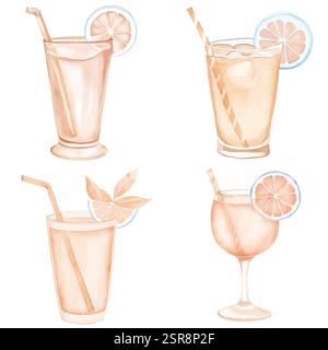 Eine handgezeichnete Aquarellabbildung von Lemonade Glass Watercolor handgezeichnetem Set, das nachgezeichnet und vektorisiert wurde. Die Illustration ist perfekt für Stock Vektor