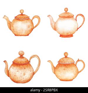 Eine handgezeichnete Aquarellabbildung eines handgezeichneten Wasserkocher-Sets, das mit Bildern nachgezeichnet und vektorisiert wurde. Die Illustration ist perfekt für jeden Stock Vektor