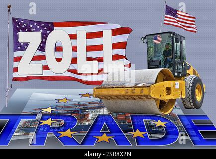 Symbolisches Image, EU, Deutschland und Weltwirtschaft unter der US-Dampfwalze Donald Trump, Zolldrohungen, Elon Musk, Mark Zuckerberg, soziale Netzwerke, fa Stockfoto