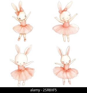 Eine handgezeichnete Aquarellabbildung von Bunny Ballerina Aquarellabbildung für Kinder, die nachgezeichnet und vektorisiert wurde. Die Abbildung ist perf Stock Vektor