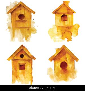 Eine handgezeichnete Aquarellillustration eines handgezeichneten Vogelhaus-Aquarellsatzes, das nachvollziehbar und vektorisiert wurde. Die Illustration ist perfekt für jedes d Stock Vektor
