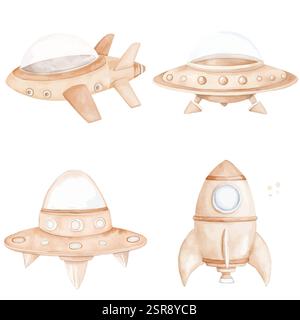 Eine handgezeichnete Aquarellillustration von Raumschiff Aquarell handgezeichnete Set für Kinder, das nachgezeichnet und vektorisiert wurde. Die Illustration ist perfekt Stock Vektor