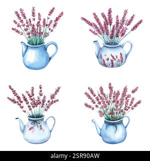 Eine handgezeichnete Aquarellabbildung eines handgezeichneten Teekanne Aquarellsets, das nach dem Bild gezeichnet und vektorisiert wurde. Die Illustration ist perfekt für jedes Desi Stock Vektor