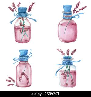 Eine handgezeichnete Aquarellillustration eines handgezeichneten Aquarell-Tintenflaschen-Sets, das nachvollzogen und vektorisiert wurde. Die Illustration ist perfekt für jeden Stock Vektor