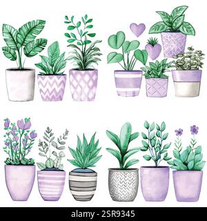 Eine handgezeichnete Aquarellillustration einer handgezeichneten Aquarellsammlung von Pflanzgefäßen, die bildgezeichnet und vektorisiert wurde. Die Abbildung ist perfec Stock Vektor