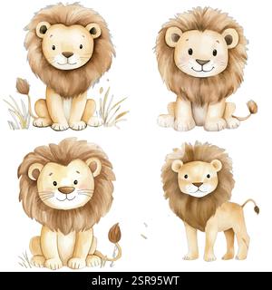Eine handgezeichnete Aquarellabbildung von Löwen Safari Tier Aquarellabbildung für Kinder, die nachvollzogen und vektorisiert wurde. Die Abbildung ist p Stock Vektor