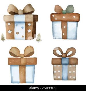 Eine handgezeichnete Aquarellillustration eines handgezeichneten Geschenkkartons, das mit Bildern nachgezeichnet und vektorisiert wurde. Die Illustration ist perfekt für jedes DE Stock Vektor