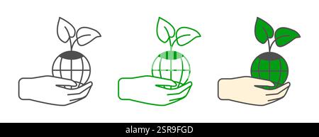 Die Ikone ist eine Pflanze, ein Spross in Form einer Ikone in der Hand auf dem Globus. Eine Sammlung von Konturen. Illustration des Symbols, Logo der Ökologie, Landwirtschaft. Eine Reihe von Symbolen in verschiedenen Stilen. Stock Vektor