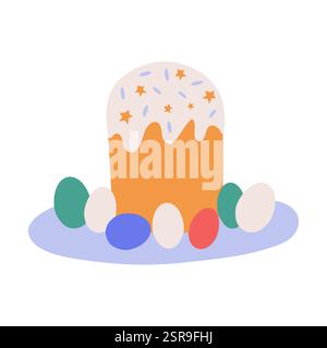 Osterfeierstorte auf einem Teller mit bunten Eiern. Vektor-Illustration, ein Designelement zur Osterfeier. Stock Vektor
