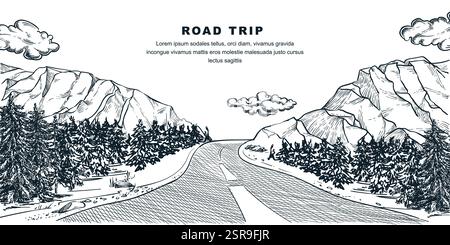 Bergkiefernwald mit Autobahnstraße. Vektorgrafik von Hand gezeichnet. Outdoor-Abenteuer, Reisen in die Berge. Natur Umwelt b Stock Vektor