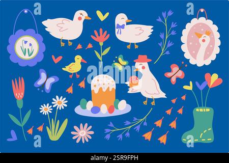 Osterdesign-Kollektion mit niedlichen Gänsen, Enten, Rahmen, Osterkuchen, Ostereiern, Blumen, Schmetterlinge. Vektorillustration mit Elementen eines Frühlingsferien. Stock Vektor