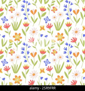 Buntes nahtloses Muster mit einfachen kleinen Blumen und Schmetterlingen, handgezeichneter Vektorhintergrund, Frühlingsferien, romantischer Sommerblumengarten, Textil- und Postkartendekoration. Stock Vektor
