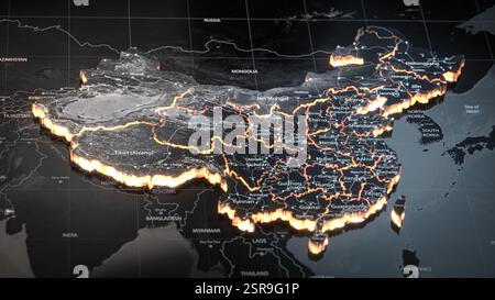 China-Karte mit Länderumrissen. Elemente dieser Animation, die von der NASA bereitgestellt wird. 3D-Abbildung Stockfoto