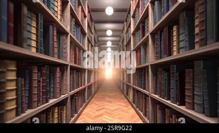 Alte Bücher in Bücherregalen in einer Vintage-Bibliothek. 3D-Abbildung Stockfoto