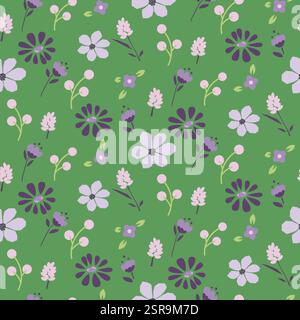 Wunderschönes nahtloses Blumenmuster im Frühling mit leuchtend lila rosa Sommerblumen. Grüner Hintergrund mit grüner Wiederholung. Stock Vektor