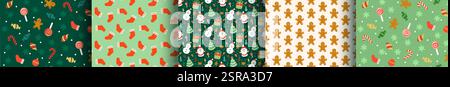 Set mit nahtlosen Mustern für grüne Weihnachten. Weihnachtsmann, Schneemann, Weihnachtsbaum, Geschenk auf grünem Hintergrund, Neujahrsmuster für Geschenkpapier, Stoff, Karte Stock Vektor
