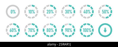 Infografik-Symbol, Ladekreis und Prozess mit einer Vektorgrafik von 0 bis 100 % in hellblauer Farbe. Stock Vektor