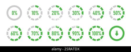 Infografik-Symbol, Ladekreis und Prozess mit 0 bis 100 % Vektorbild in hellgrüner Farbe. Stock Vektor