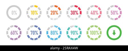 Infografik-Symbol, Ladekreis und Prozess mit einer Vektorgrafik von 0 bis 100 % in farbenfrohem Stil. Stock Vektor