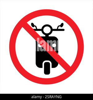 Schwarzes Silhouettensymbol für die Ban-Moped-Lieferzone. Symbol für Roller-Verbot. Rotes Stopp-Kreissymbol für schnelles Motorrad. Straßenschild für Motorradfahrer nicht zulässig. Stock Vektor