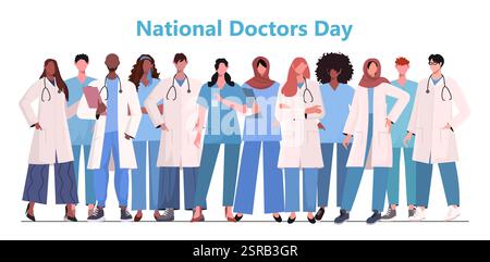 Nationaler Ärztetag. Eine Gruppe von Ärzten und Krankenschwestern, die zusammen als Symbol der Dankbarkeit und Unterstützung für ihre Arbeit stehen. Vektordarstellung nicht AI Stockfoto