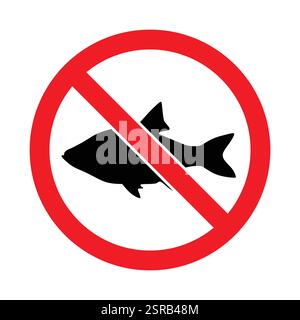 Rotes Symbol für nicht-vegetarische Verbote ohne Fischessen verboten. Verbotsschild ohne Fischfutter für vegane Lebensmittel vegetarisch. Stock Vektor
