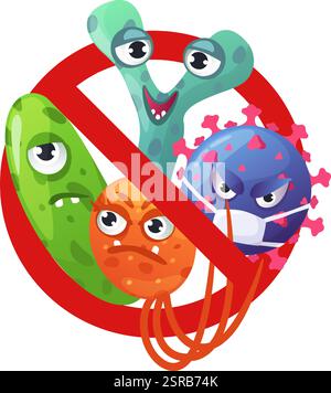 Karikaturkeime und Viren mit wütenden Ausdrücken werden durch ein großes rotes Verbotssymbol blockiert, das das Konzept der Infektionsprävention repräsentiert Stock Vektor