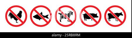 Nicht-vegetarisches verbotenes rotes Verbotssymbol mit Rind-, Schwein-, Ziegen-, Fisch- und Hühnerfleisch verbotenem Symbol. Sammlung von Symbolen für nicht-vegetarische Verbote. Stock Vektor