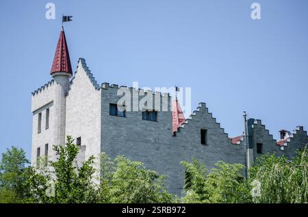 Die Steinburg verfügt über konische Türme mit roten Fliesen und Zinnen-Mauern. Helles Tageslicht unterstreicht die markanten architektonischen Linien. Umgeben von üppigem Grün Stockfoto