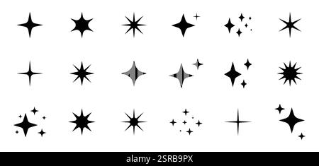 Doodle Glitzer Vektor Set, Sunburst, Starburst, Hand gezeichnete Elemente Illustration, schwarze Linien, Umriss, dekorativ. Stock Vektor