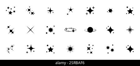Set mit glitzernden Symbolen. Kollektion „funkelnde Sterne“. Sternsymbole. Effekt Glanz, Glitzer, funkeln und sauber. Funkelndes Sternsymbol. Vektorabbildung. Stock Vektor