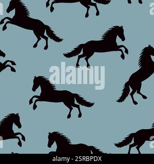 Nahtloses Tiermuster mit Zeichentrickpferden auf farbigem Hintergrund. Niedliche Feiertagsillustration mit Pferd. Design für Einladung, Poster, Karte, Stoff Stock Vektor